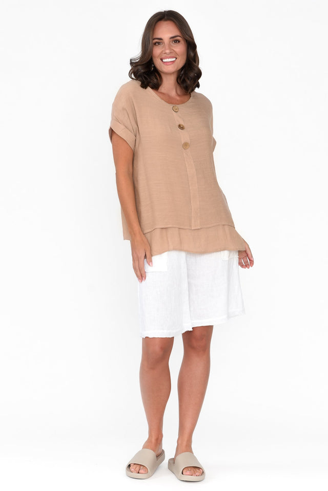 Abilene Beige Cotton Blend Button Top