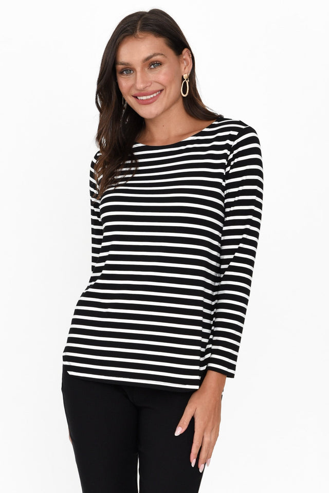 Adele Black Stripe Long Sleeve Bamboo Tee neckline_Round   alt text|model:Brontie image 2