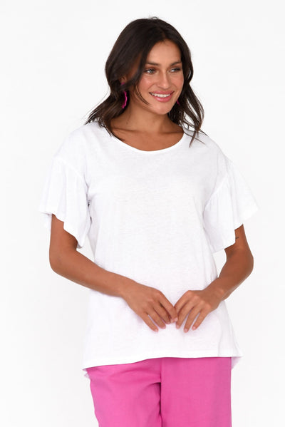 Alessia White Cotton Blend Frill Top neckline_Round  alt text|model:Brontie;wearing:US 4