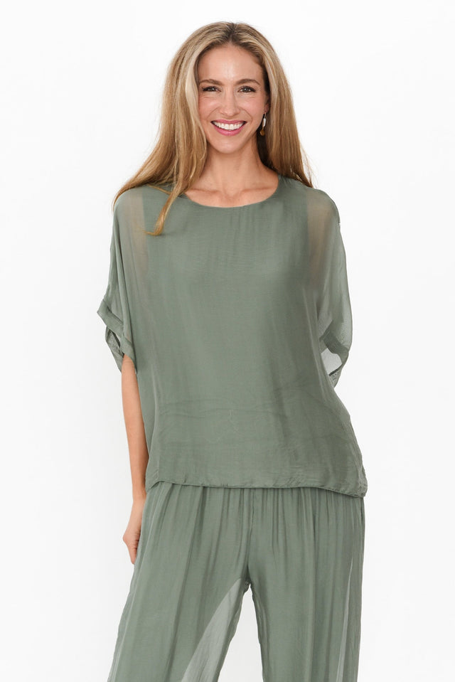 Alula Khaki Silk Sequin Layer Top