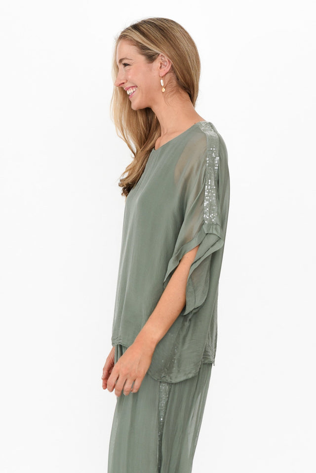 Alula Khaki Silk Sequin Layer Top