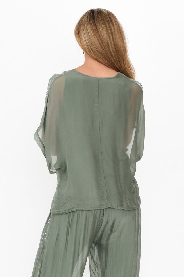 Alula Khaki Silk Sequin Layer Top