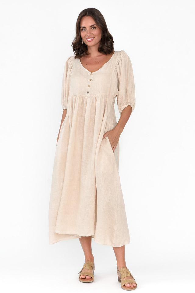 Amryn Beige Linen Gather Dress