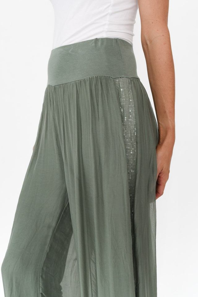 Anaya Khaki Silk Sequin Layer Pants