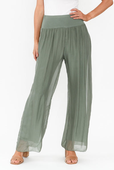 Anaya Khaki Silk Sequin Layer Pants