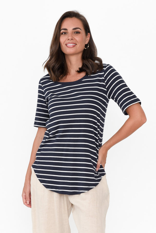 Ariana Midnight Stripe Cotton Tee neckline_Round   alt text|model:MJ image 1