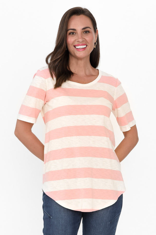 Ariana Pink Stripe Cotton Tee neckline_Round   alt text|model:MJ