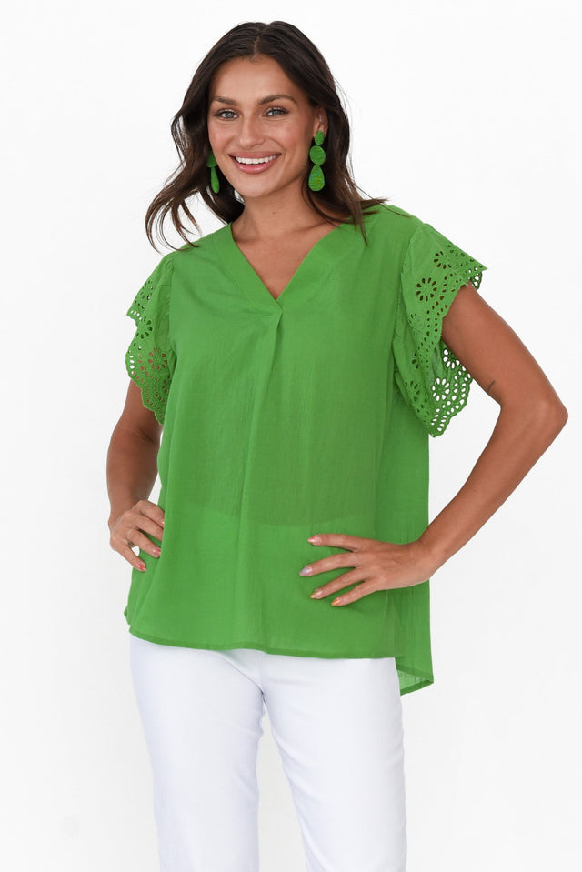 Ariel Green Cotton Embroidered Sleeve Top neckline_V Neck  alt text|model:Brontie;wearing:US 4