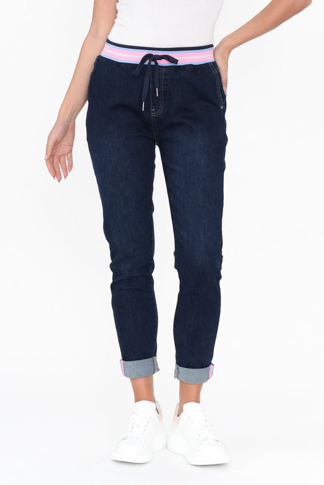 Arielle Dark Denim Jogger Pants length_Cropped rise_Mid print_Plain colour_Navy PANTS   alt text|model:MJ;wearing:US 4
