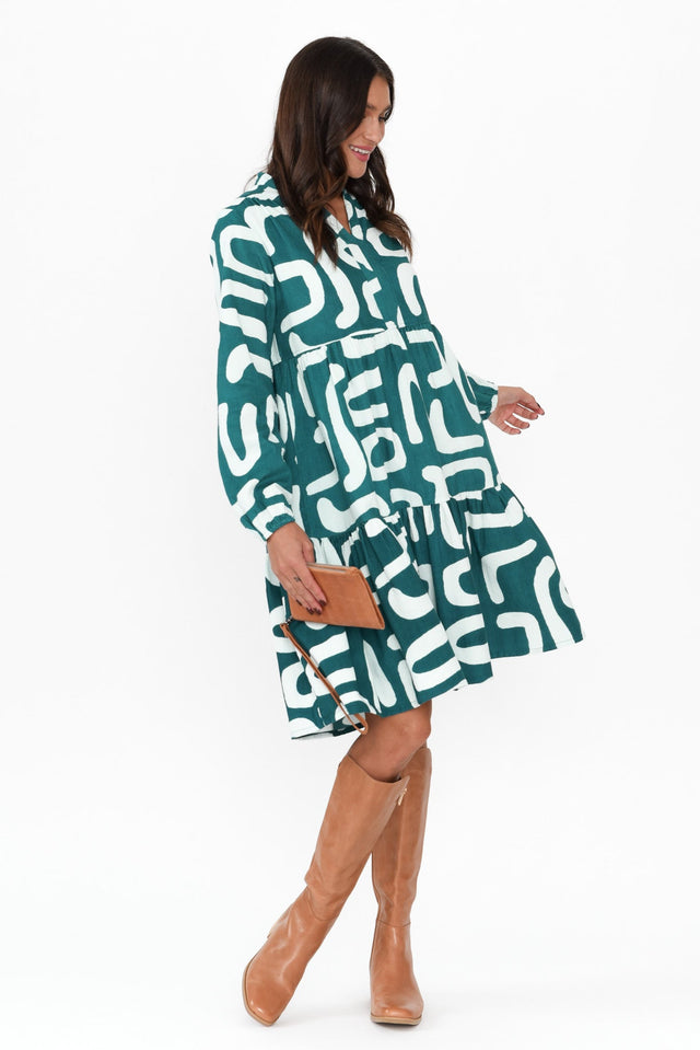 Azari Teal Abstract Cotton Corduroy Dress image 2