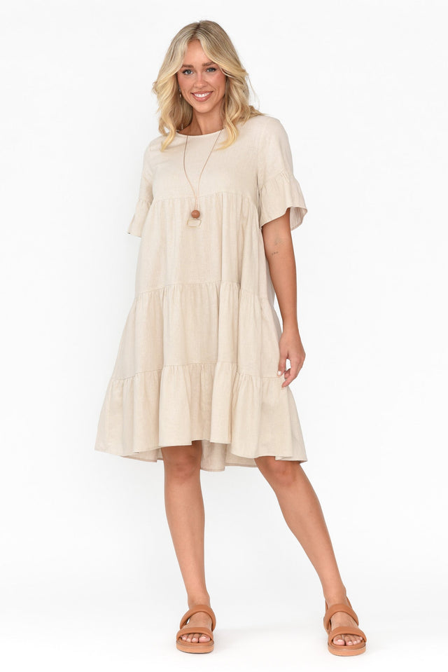 Azura Beige Linen Blend Tiered Dress