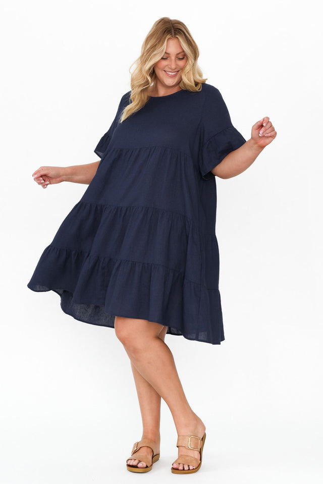 Azura Navy Linen Blend Tiered Dress