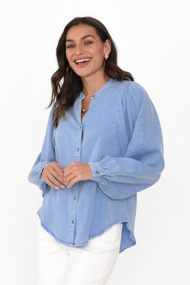 Bailey Cerulean Blue Lyocell Blend Blouse neckline_V Neck print_Plain sleevetype_Statement length_Hip hem_Curved sleeve_Long TOPS   alt text|model:Brontie;wearing:US 4 image 1