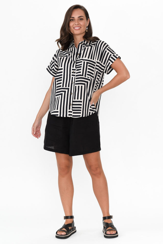 Bauhaus Navy Stripe Linen Blend Collared Top