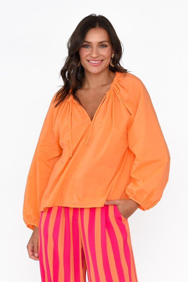 Believer Orange Cotton Front Tie Top neckline_V Neck  alt text|model:Brontie;wearing:US 4 image 1