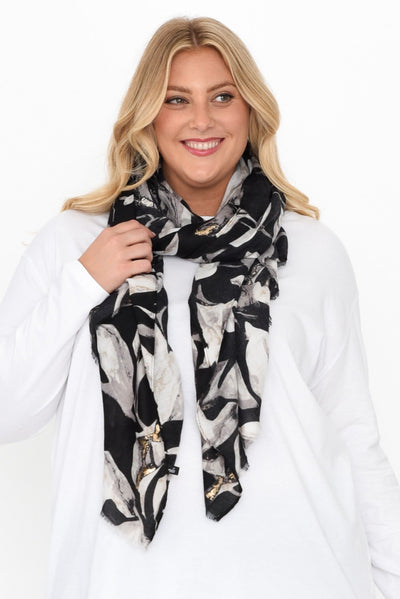 Bev Black Leaf Scarf