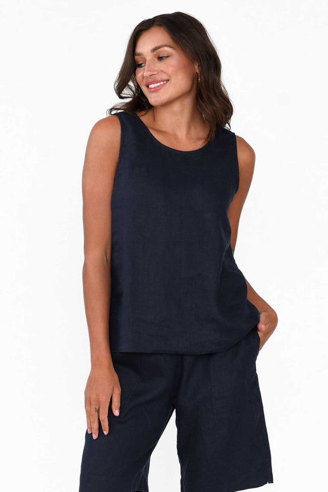 Bianca Navy Linen Button Back Tank neckline_Round 