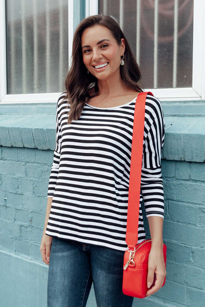 Black Mixed Stripe Milan 3/4 Sleeve Top neckline_Round  alt text|model:MJ;wearing:US 4