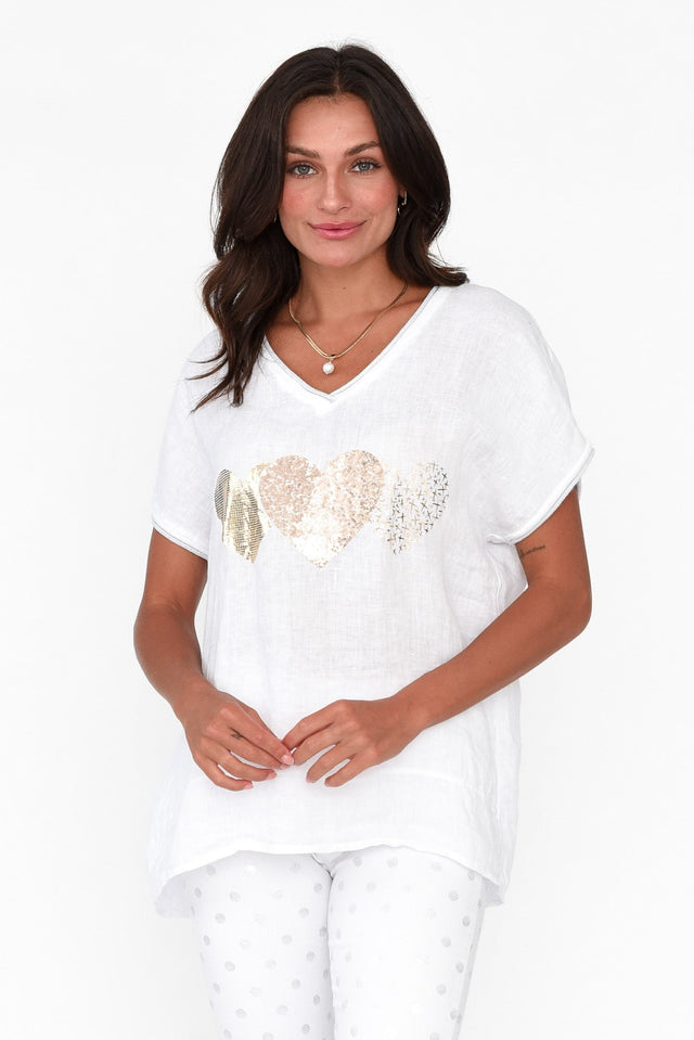 Blanca White Foil Heart Linen Tee neckline_V Neck   alt text|model:Brontie