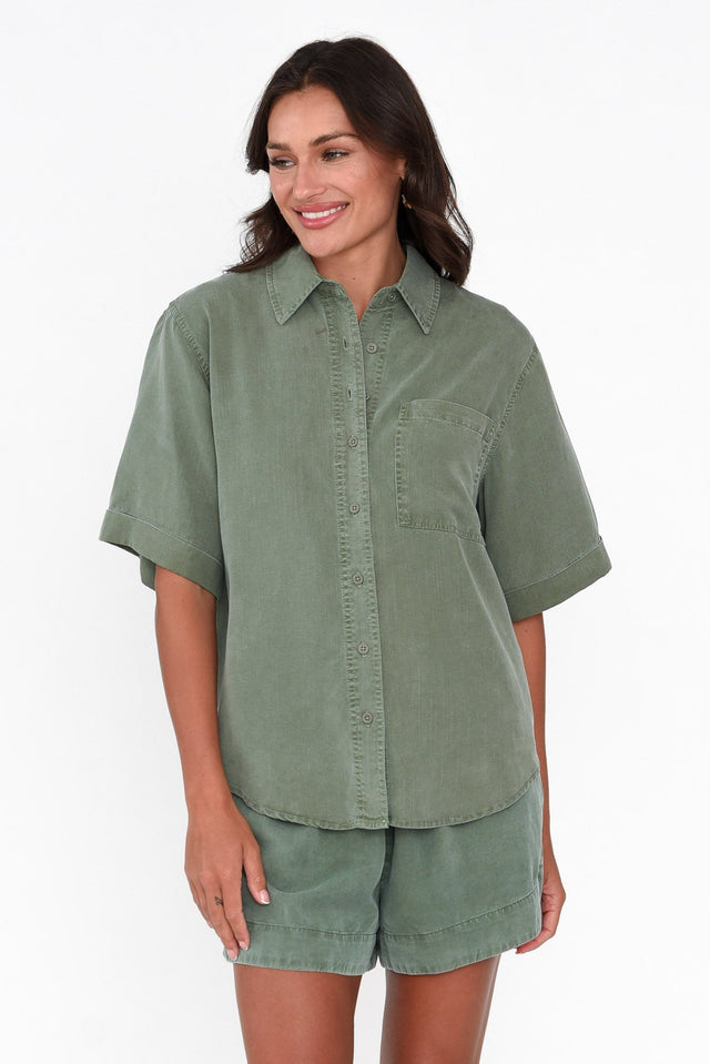 Blitz Washed Khaki Lyocell Shirt neckline_V Neck  alt text|model: Brontie;wearing:US 4 image 1