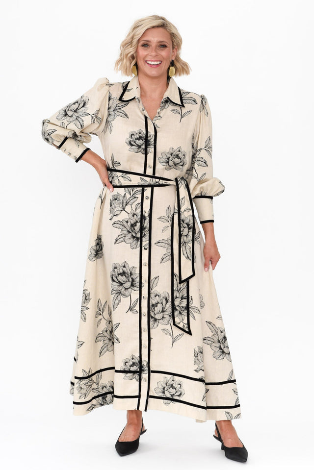 Blouson Black Floral Linen Tie Dress image 2