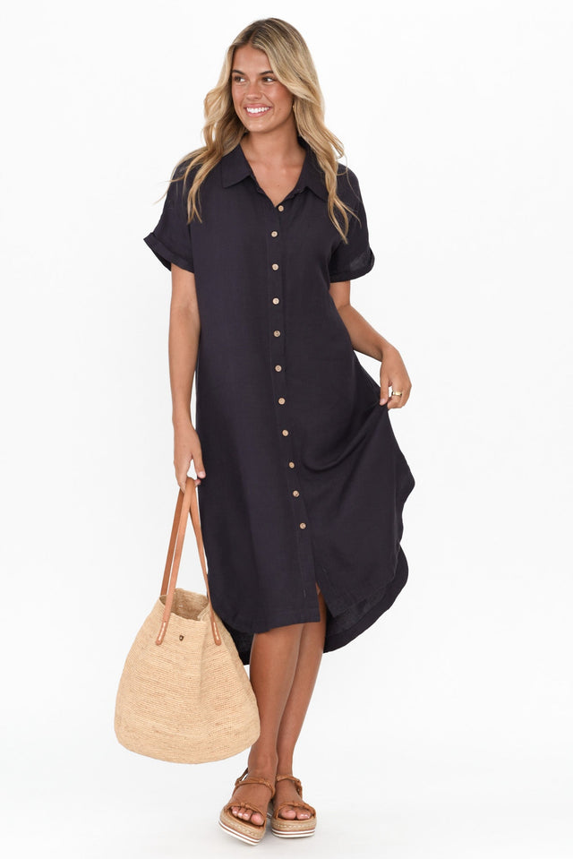 Briony Navy Linen Cotton Shirt Dress banner image