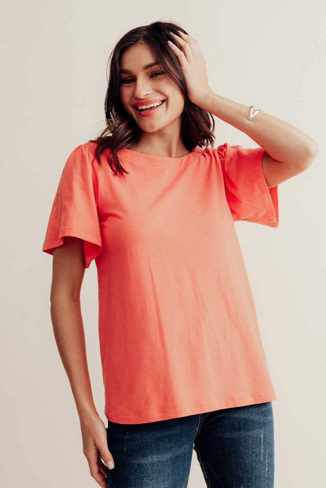 Calgary Coral Cotton Flutter Sleeve Top