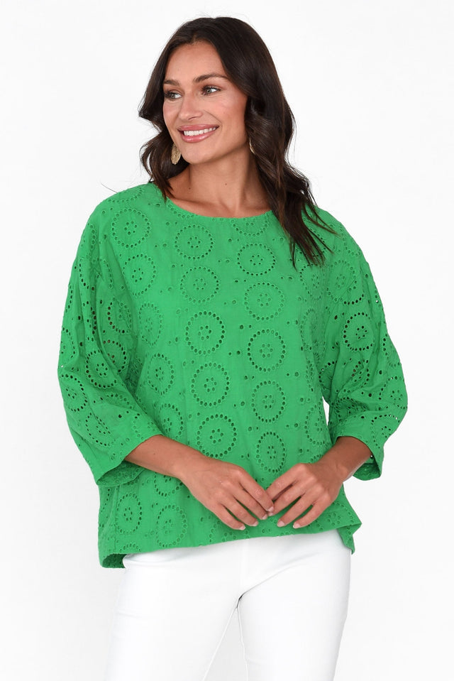 Carisia Emerald Cotton Broderie Top neckline_Round  alt text|model:Brontie;wearing:US 4