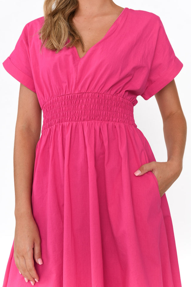 Carrie Hot Pink Cotton V Neck Dress