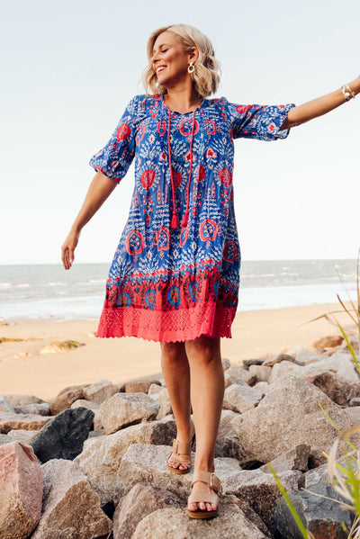 Cayman Blue Motif Cotton Tunic Dress