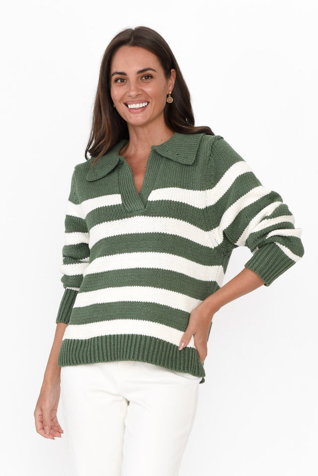 Cutler Khaki Stripe Knit Jumper neckline_V Neck  image 2