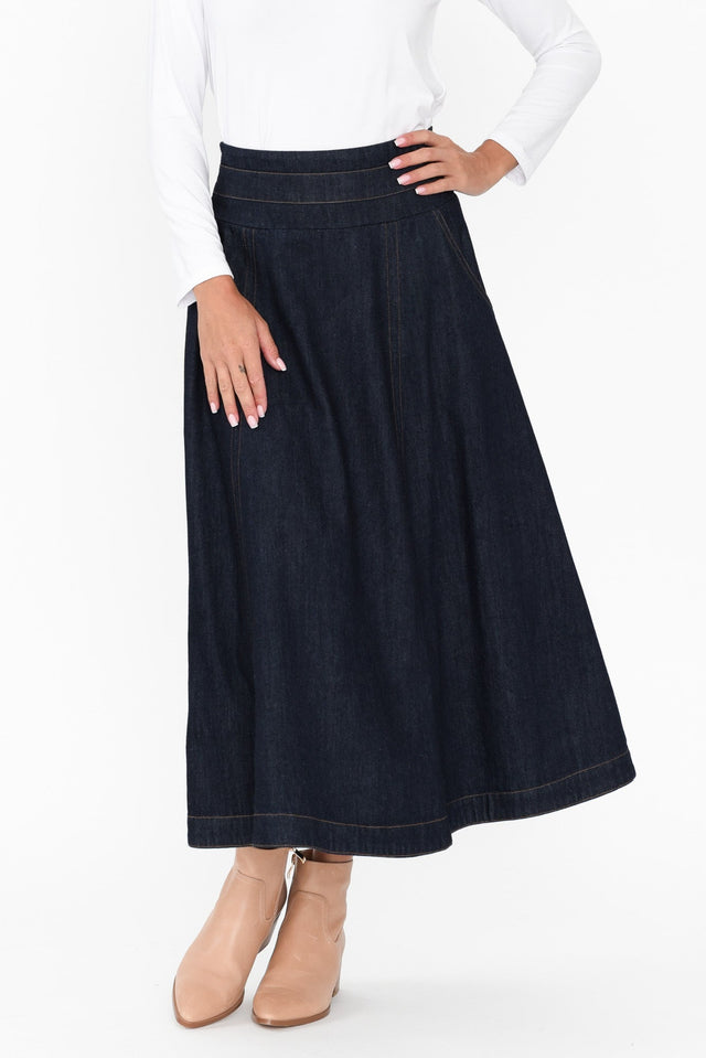 Dakota Dark Denim Skirt length_Midi print_Plain hem_Straight colour_Navy SKIRTS   alt text|model:Brontie image 1