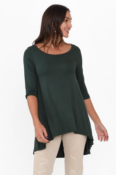 Dark Green Bamboo Hi Lo Hem Top neckline_Round  alt text|model:Brontie;wearing:S