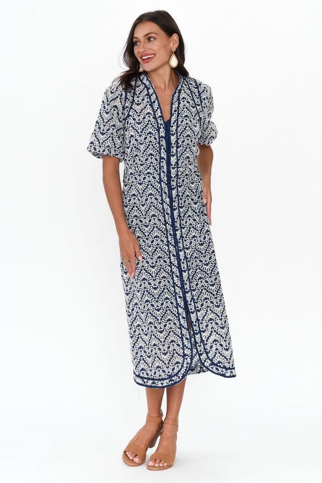 Delphine Navy Embroidered Cotton Tie Dress