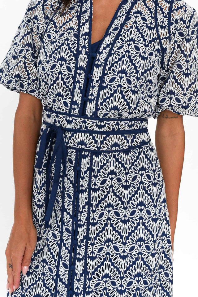 Delphine Navy Embroidered Cotton Tie Dress