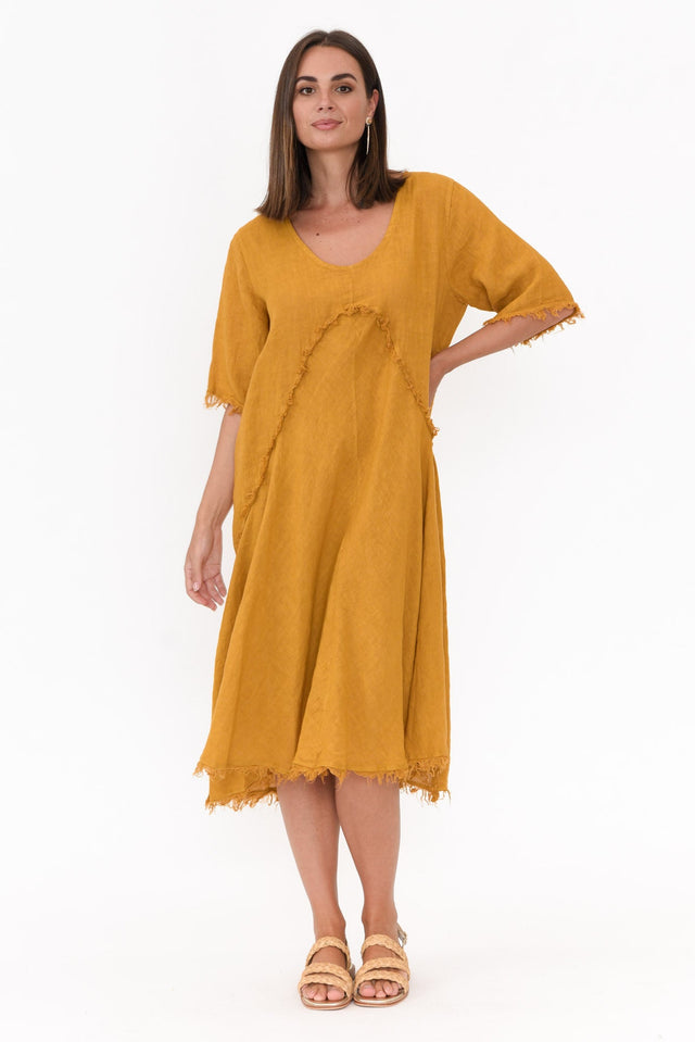 Desmond Mustard Linen Frayed Dress image 2