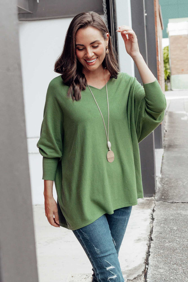 Destiny Green Knit Jumper neckline_V Neck  alt text|model:MJ;wearing:US 4 image 1