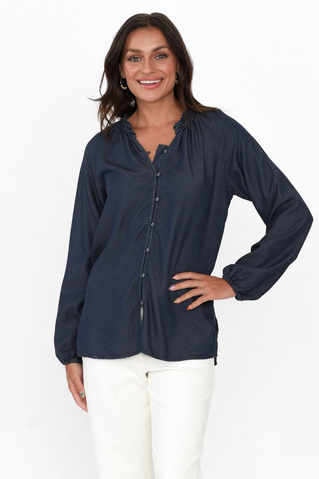 Drew Blue Denim Button Blouse neckline_V Neck   alt text|model:Brontie image 1