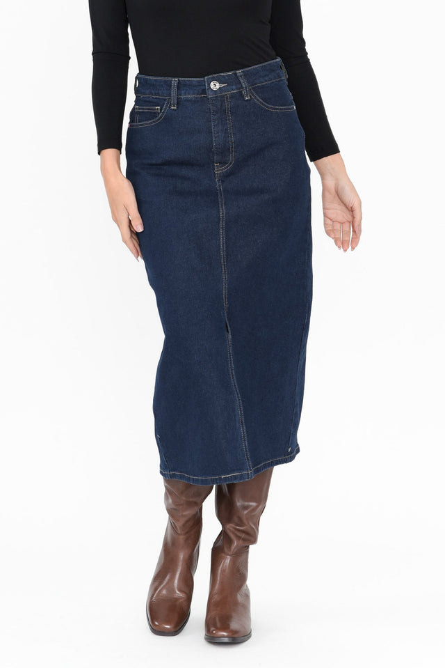 Eloise Dark Blue Denim Midi Skirt length_Midi print_Plain hem_Straight colour_Navy SKIRTS  alt text|model:MJ;wearing:US 4