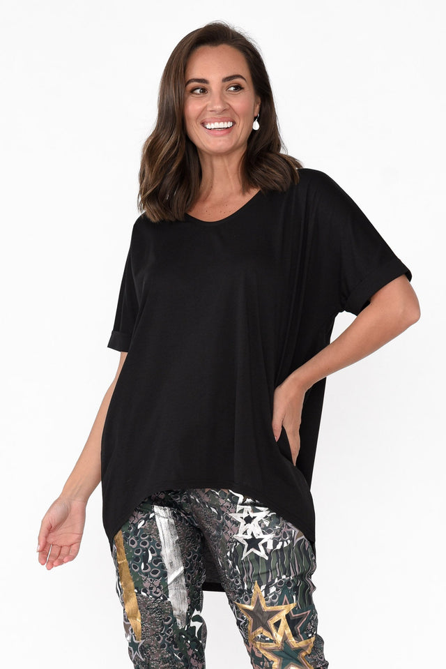 Emiko Black Drape Cotton Top neckline_V Neck  alt text|model:MJ