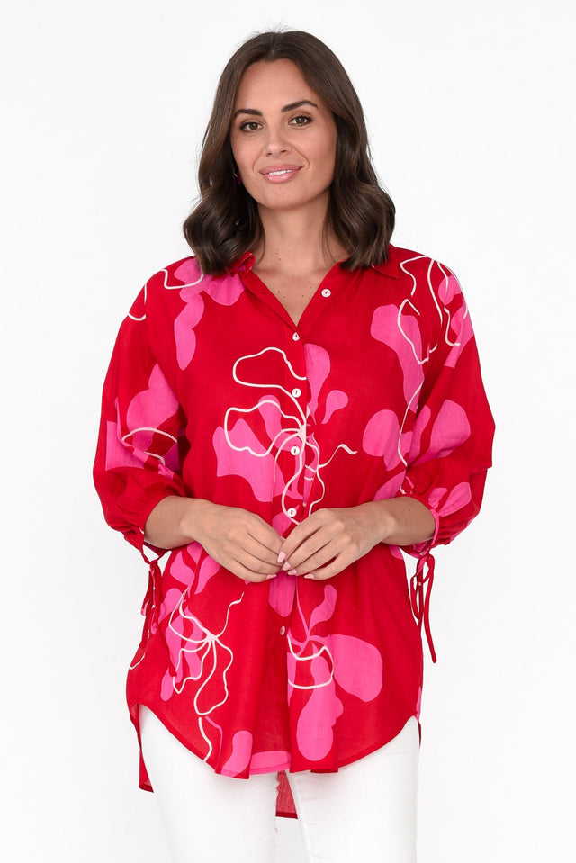 Fenella Red Blossom Cotton Shirt neckline_V Neck  alt text|model:MJ;wearing:XS image 1