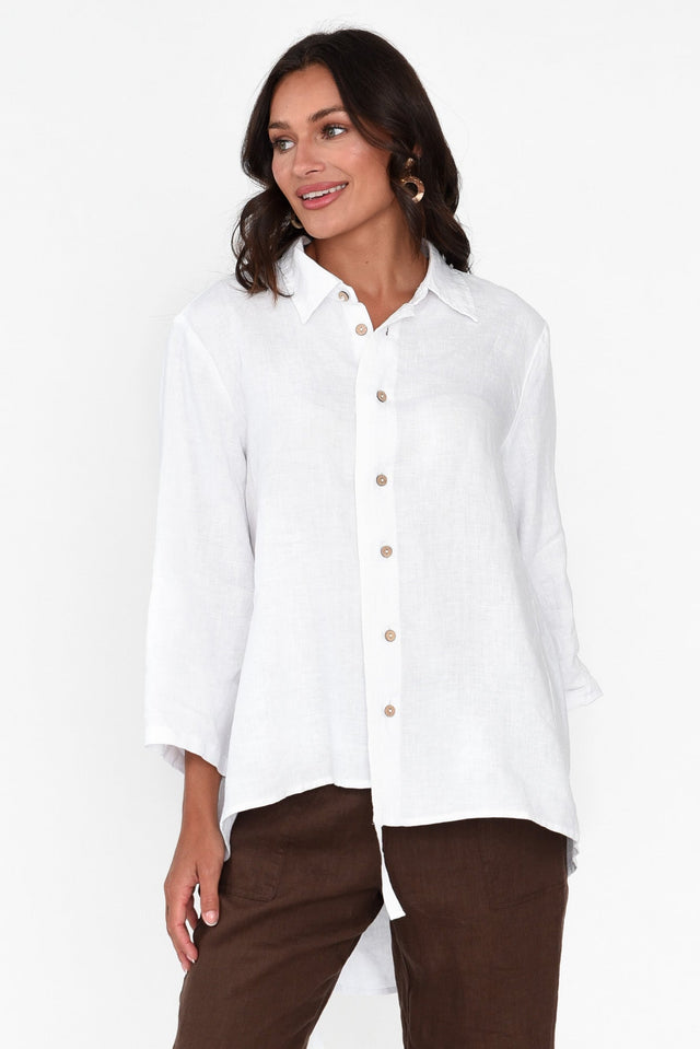 Feodora White Linen Asymmetric Shirt neckline_V Neck   alt text|model:Brontie