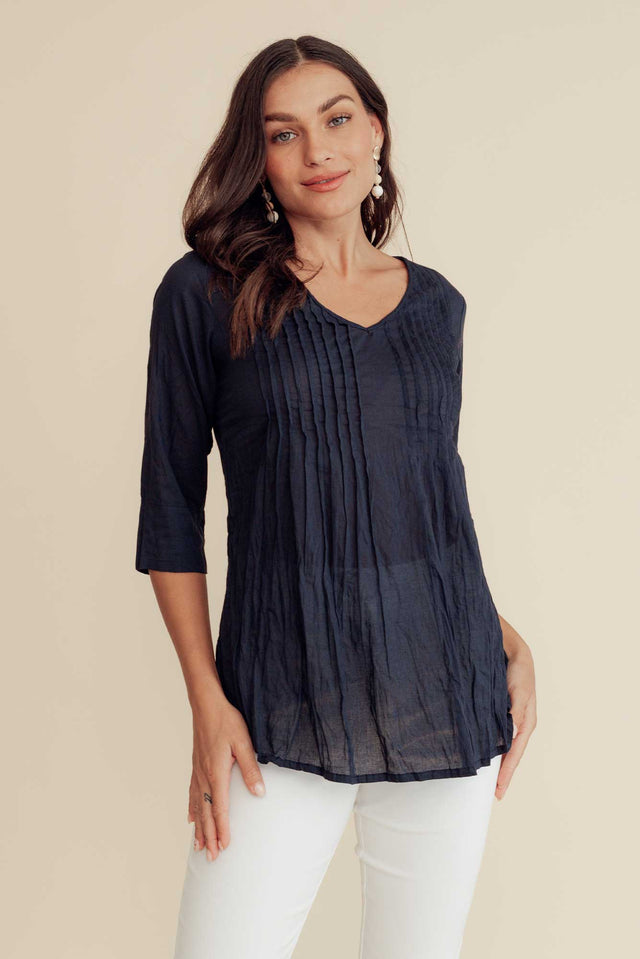 Fia Navy Sleeved Crinkle Cotton Top