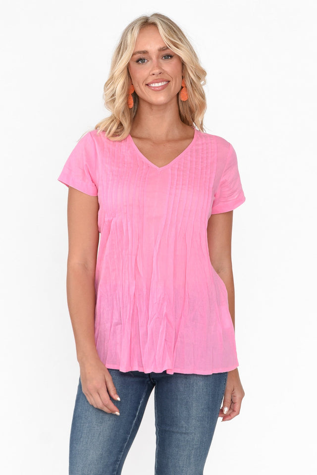 Fia Bright Pink Cotton Top neckline_V Neck  alt text|model:Zoe;wearing:US 4 alt text|model:Zoe;wearing:AU 8 /US 4