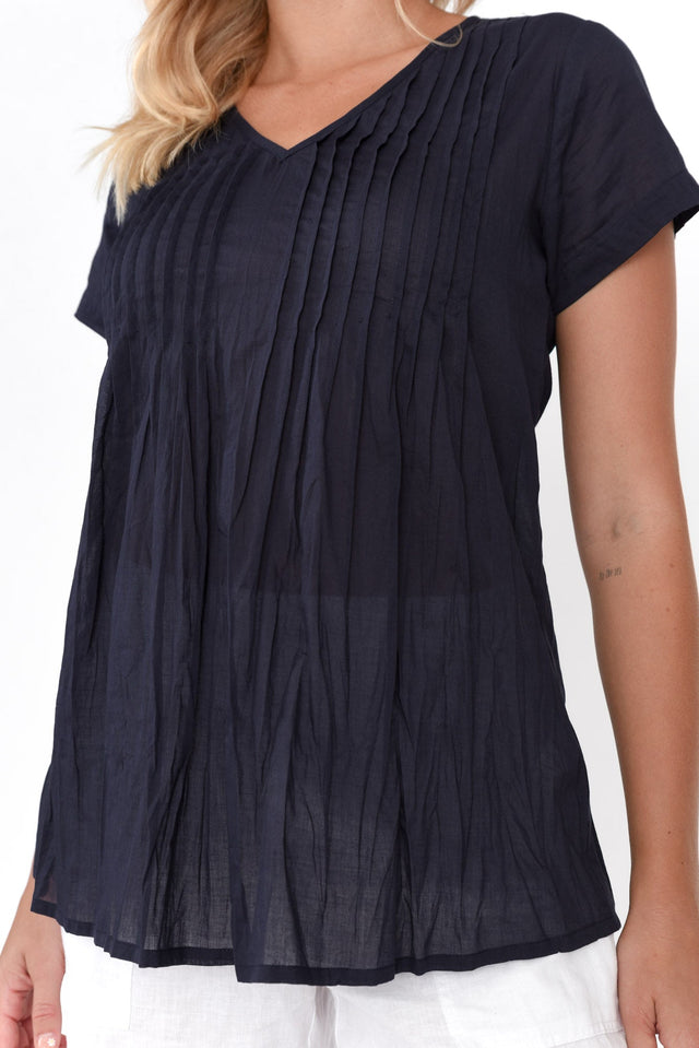 Fia Navy Crinkle Cotton Top