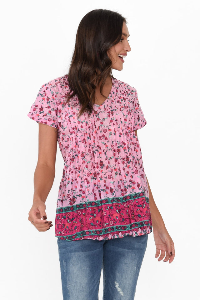 Fia Pink Meadow Cotton Top neckline_V Neck  alt text|model:Brontie;wearing:US 4