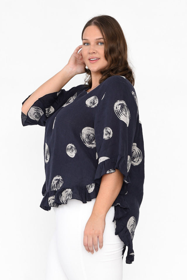 Fitzgerald Navy Spot Linen Frill Top