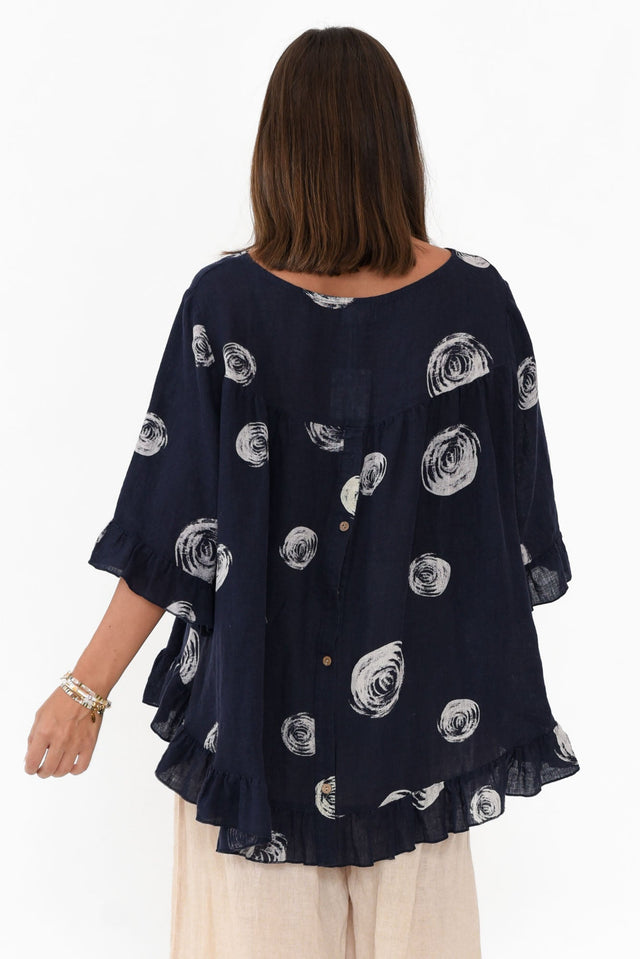 Fitzgerald Navy Spot Linen Frill Top image 5