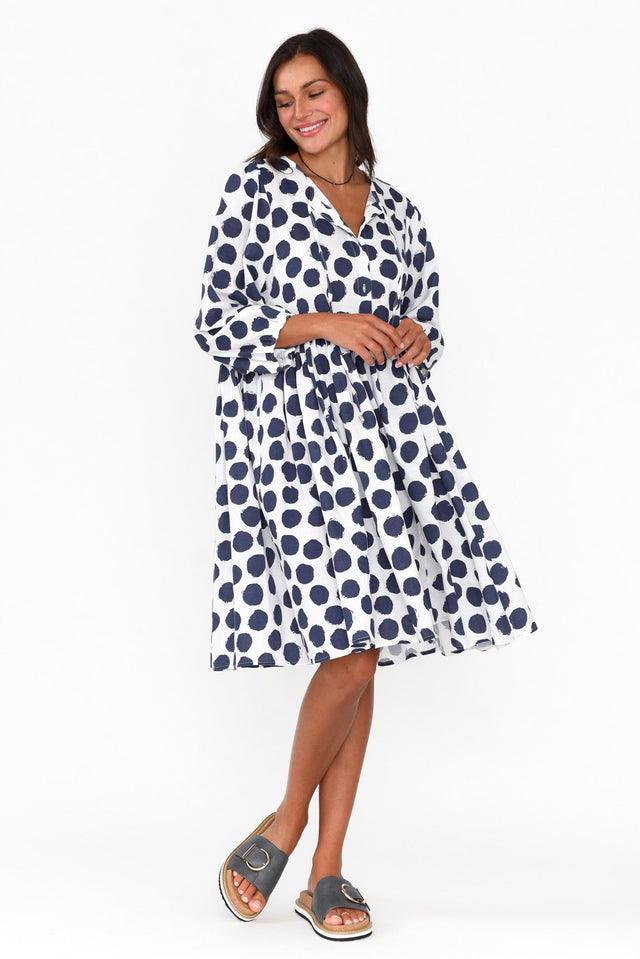 Frieda Navy Spot Cotton Tie Dress