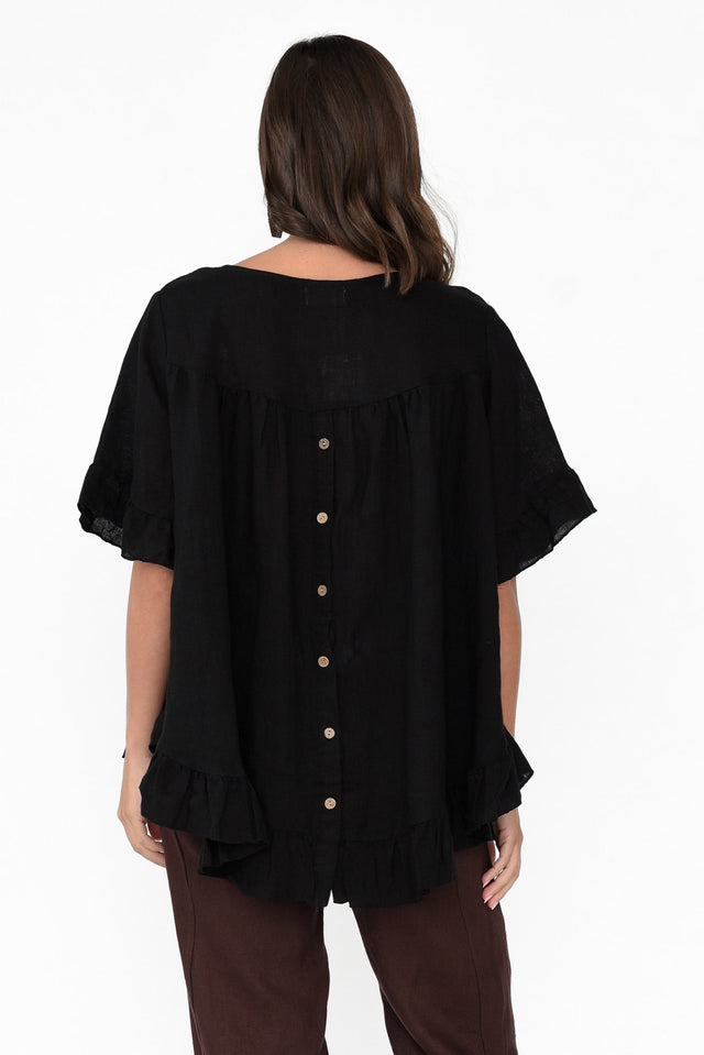 Genevieve Black Linen Frill Top